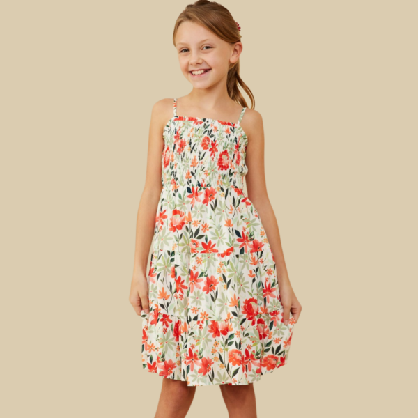 Girls Smocked Spaghetti Strap Floral Dress