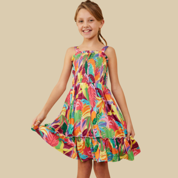 Girls Tropical Print Smocked Sleeveless Dress